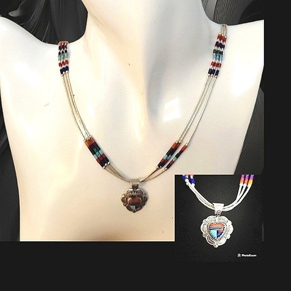 QT Sterling Oxidized Silver Navajo Heart Pendant Liquid Silver Torsade Necklace - Picture 1 of 8